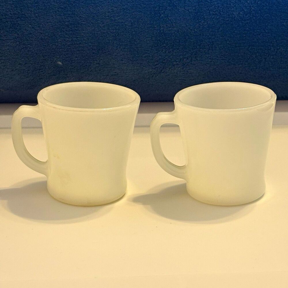 Fire-King White Milk Glass Coffee Mugs Set of 2 With Handle 3" Diameter Vintage